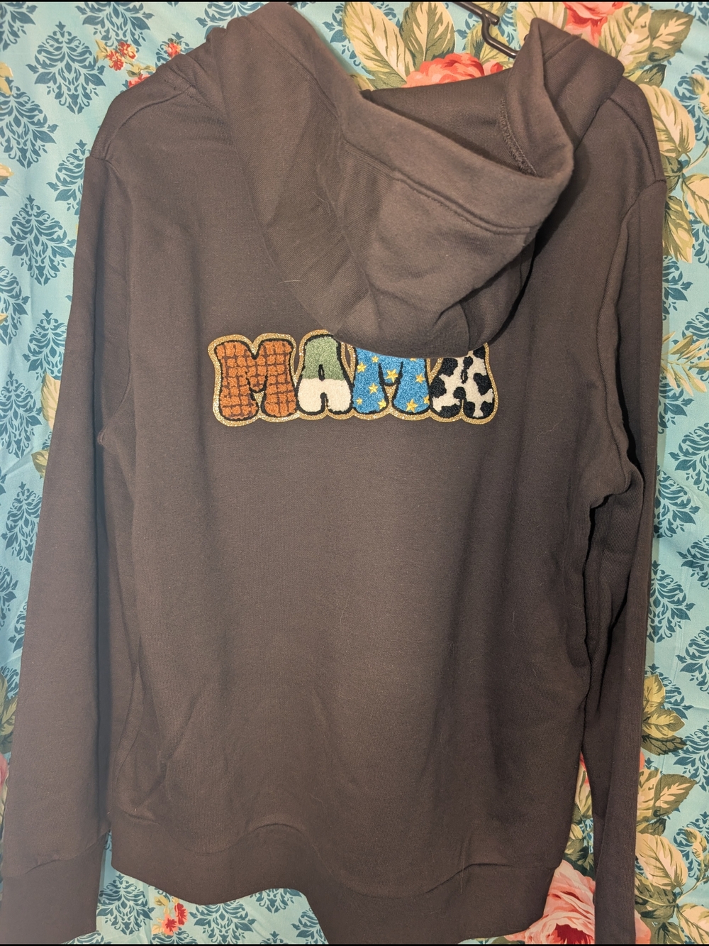 Brown Graphic Hoodie with Colorful Patch